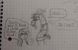 Size: 1080x686 | Tagged: safe, artist:diamond06mlp, imported from derpibooru, discord, fluttershy, draconequus, pegasus, pony, blushing, bust, collar, dialogue, duo, female, graph paper, lineart, male, mare, pet tag, speech bubble, thought bubble, traditional art