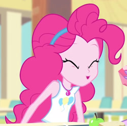 Size: 1553x1543 | Tagged: safe, imported from derpibooru, screencap, pinkie pie, equestria girls, equestria girls series, stressed in show, stressed in show: pinkie pie, ^^, clothes, cropped, eyes closed, geode of sugar bombs, hairband, jewelry, magical geodes, necklace, open mouth, open smile, sleeveless, smiling, solo, tanktop