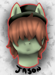 Size: 805x1096 | Tagged: safe, artist:millefaller, imported from derpibooru, oc, oc only, earth pony, pony, abstract background, bust, earth pony oc, hair over eyes, hat, male, solo, stallion