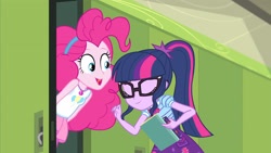 Size: 3410x1920 | Tagged: safe, imported from derpibooru, screencap, pinkie pie, sci-twi, twilight sparkle, equestria girls, equestria girls series, stressed in show, stressed in show: pinkie pie, spoiler:eqg series (season 2), book, bowtie, clothes, eyes closed, female, geode of sugar bombs, geode of telekinesis, glasses, jewelry, lockers, magical geodes, necklace, open mouth, ponytail, smiling, tanktop