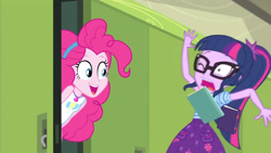 Size: 3410x1920 | Tagged: safe, imported from derpibooru, screencap, pinkie pie, sci-twi, twilight sparkle, equestria girls, equestria girls series, stressed in show, stressed in show: pinkie pie, spoiler:eqg series (season 2), book, clothes, female, geode of sugar bombs, glasses, jewelry, lockers, magical geodes, necklace, one eye closed, open mouth, ponytail, scared, shrunken pupils, tanktop