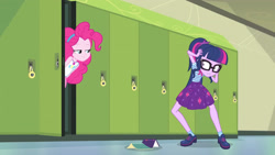 Size: 3410x1920 | Tagged: safe, imported from derpibooru, screencap, pinkie pie, sci-twi, twilight sparkle, equestria girls, equestria girls series, stressed in show, stressed in show: pinkie pie, spoiler:eqg series (season 2), book, bowtie, clothes, female, geode of sugar bombs, geode of telekinesis, glasses, jewelry, lockers, magical geodes, necklace, open mouth, ponytail, smug, smugpie, tanktop