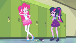 Size: 3410x1920 | Tagged: safe, imported from derpibooru, screencap, pinkie pie, sci-twi, twilight sparkle, equestria girls, equestria girls series, stressed in show, stressed in show: pinkie pie, spoiler:eqg series (season 2), book, bowtie, clothes, female, geode of sugar bombs, geode of telekinesis, glasses, jewelry, lockers, magical geodes, necklace, open mouth, ponytail, smiling, tanktop