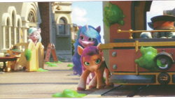 Size: 1570x894 | Tagged: safe, imported from derpibooru, screencap, izzy moonbow, sunny starscout, earth pony, pony, unicorn, spoiler:my little pony: a new generation, 3d, a new adventure, background pony, book, cropped, dahlia, female, g5, g5 book, glasses, hat, hiding, male, mare, maretime bay, my little pony: a new generation, scan, stallion, tram