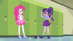 Size: 3410x1920 | Tagged: safe, imported from derpibooru, screencap, pinkie pie, sci-twi, twilight sparkle, equestria girls, equestria girls series, stressed in show, stressed in show: pinkie pie, spoiler:eqg series (season 2), book, bowtie, clothes, female, geode of sugar bombs, geode of telekinesis, glasses, jewelry, lockers, magical geodes, necklace, open mouth, ponytail, tanktop