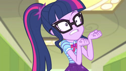 Size: 3410x1920 | Tagged: safe, imported from derpibooru, screencap, sci-twi, twilight sparkle, equestria girls, equestria girls series, stressed in show, stressed in show: pinkie pie, spoiler:eqg series (season 2), bowtie, female, geode of telekinesis, glasses, jewelry, lockers, magical geodes, necklace, ponytail, shrunken pupils, solo