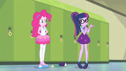 Size: 3410x1920 | Tagged: safe, imported from derpibooru, screencap, pinkie pie, sci-twi, twilight sparkle, equestria girls, equestria girls series, stressed in show, stressed in show: pinkie pie, spoiler:eqg series (season 2), book, bowtie, clothes, cutie mark, cutie mark on clothes, female, geode of sugar bombs, geode of telekinesis, glasses, jewelry, lockers, magical geodes, necklace, ponytail, smiling