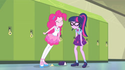 Size: 3410x1920 | Tagged: safe, imported from derpibooru, screencap, pinkie pie, sci-twi, twilight sparkle, equestria girls, equestria girls series, stressed in show, stressed in show: pinkie pie, spoiler:eqg series (season 2), book, bowtie, clothes, cutie mark, cutie mark on clothes, eyes closed, female, geode of sugar bombs, geode of telekinesis, glasses, jewelry, lockers, magical geodes, necklace, ponytail, smiling, tanktop