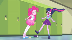 Size: 3410x1920 | Tagged: safe, imported from derpibooru, screencap, pinkie pie, sci-twi, twilight sparkle, equestria girls, equestria girls series, stressed in show, stressed in show: pinkie pie, spoiler:eqg series (season 2), book, bowtie, clothes, cutie mark, cutie mark on clothes, eyes closed, female, geode of sugar bombs, geode of telekinesis, glasses, jewelry, lockers, magical geodes, necklace, one eye closed, open mouth, ponytail, smiling, tanktop