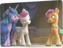 Size: 1348x1039 | Tagged: safe, imported from derpibooru, screencap, izzy moonbow, sunny starscout, zipp storm, earth pony, pegasus, pony, unicorn, spoiler:my little pony: a new generation, 3d, a new adventure, book, cropped, female, g5, mare, my little pony: a new generation, scan, trio