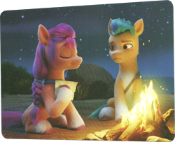 Size: 1296x1050 | Tagged: safe, imported from derpibooru, screencap, hitch trailblazer, sunny starscout, earth pony, pony, spoiler:my little pony: a new generation, 3d, a new adventure, book, campfire, cropped, female, fire, fuo, g5, male, mare, my little pony: a new generation, scan, stallion