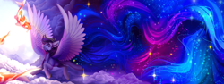 Size: 6116x2288 | Tagged: safe, artist:youth_roses, imported from derpibooru, oc, oc only, fish, koi, pegasus, pony, cloud, commission, ethereal mane, flying, impossibly long hair, impossibly long tail, looking at each other, solo, spread wings, starry mane, starry tail, stars, wings