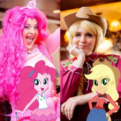 Size: 2289x2289 | Tagged: safe, artist:maddymoiselle, artist:shelbeanie, imported from derpibooru, applejack, pinkie pie, human, equestria girls, equestria girls series, applejack's hat, clothes, cosplay, costume, cowboy hat, everfree northwest, everfree northwest 2019, hat, high res, irl, irl human, open mouth, photo