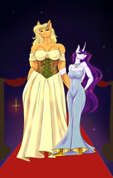 Size: 1050x1650 | Tagged: safe, artist:unfinishedheckery, imported from derpibooru, applejack, rarity, anthro, earth pony, unicorn, breasts, busty applejack, busty rarity, carpet, clothes, digital art, dress, duo, duo female, female, height difference, horn, lesbian, looking at you, rarijack, red carpet, shipping, size difference, tail, thighs, wide hips