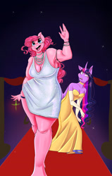 Size: 1050x1650 | Tagged: safe, alternate version, artist:unfinishedheckery, imported from derpibooru, pinkie pie, twilight sparkle, anthro, earth pony, unicorn, breasts, busty pinkie pie, busty twilight sparkle, carpet, clothes, digital art, dress, duo, duo female, female, horn, lesbian, looking at you, open mouth, red carpet, shipping, tail, thighs, twinkie, unicorn twilight, wide hips