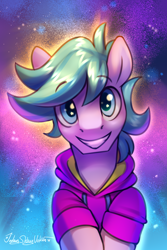 Size: 2000x3000 | Tagged: safe, artist:jedayskayvoker, imported from derpibooru, oc, oc only, oc:tranquil neon, pony, abstract background, bust, clothes, high res, hoodie, looking at you, male, smiling, smiling at you, solo, stallion