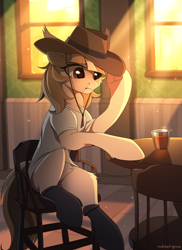 Size: 2000x2753 | Tagged: safe, artist:redchetgreen, imported from derpibooru, oc, oc only, earth pony, pony, chair, clothes, crepuscular rays, cup, female, hat, high res, mare, shirt, sitting, solo, table