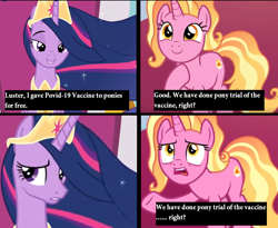 Size: 1018x834 | Tagged: safe, edit, edited screencap, imported from derpibooru, screencap, luster dawn, twilight sparkle, alicorn, pony, unicorn, the last problem, and that's how g5 was made, anti-vaxxer propaganda, comic, coronavirus, female, for the better right?, older, older twilight, op is a duck, op isn't even trying anymore, princess twilight 2.0, screencap comic, twilight sparkle (alicorn)