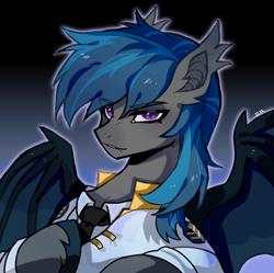 Size: 2412x2405 | Tagged: source needed, safe, artist:ilya, imported from derpibooru, oc, oc only, oc:nocturne star, bat pony, pony, bat pony oc, bat wings, blue mane, bust, clothes, grey fur, high res, male, portrait, solo, stallion, suit, wings