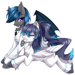 Size: 2000x2000 | Tagged: safe, artist:午夜, imported from derpibooru, oc, oc only, oc:jason, oc:nocturne star, bat pony, pegasus, pony, bat pony oc, bat wings, blue mane, chest fluff, clothes, couple, folded wings, grin, high res, jacket, looking at you, lying down, male, males only, necktie, one eye closed, ponytail, prone, purple eyes, simple background, smiling, smiling at you, stallion, uniform, unshorn fetlocks, white background, white fur, wings, wink, winking at you