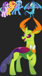 Size: 720x1285 | Tagged: safe, artist:alexdti, imported from derpibooru, princess ember, starlight glimmer, sunset shimmer, thorax, trixie, changedling, changeling, pony, equestria girls, cape, clothes, female, king thorax, male, screenshots, simple background, transparent background, trixie's cape