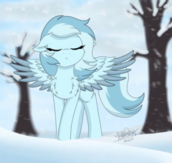 Size: 1280x1213 | Tagged: safe, artist:itsnovastarblaze, imported from derpibooru, oc, oc only, pegasus, pony, cheek fluff, chest fluff, cute, ear fluff, eyes closed, female, mare, shoulder fluff, snow, solo, spread wings, standing, tree, wind, wing fluff, wings