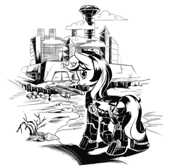 Size: 3096x2920 | Tagged: safe, artist:lexx2dot0, imported from derpibooru, oc, oc only, oc:blackjack, cyborg, pony, unicorn, fallout equestria, fallout equestria: project horizons, series:ph together we reread, amputee, black and white, clothes, cybernetic legs, fanfic art, grayscale, high res, horn, jumpsuit, monochrome, pipbuck, small horn, solo, vault security armor, vault suit