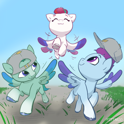 Size: 2048x2048 | Tagged: safe, artist:pfeffaroo, imported from derpibooru, zipp storm, pegasus, pony, adorazipp, baseball cap, cap, colt, cute, female, filly, filly zipp storm, flying, foal, g5, guard, hat, head turned, high res, looking at someone, looking up, male, outdoors, running, smiling, spread wings, thunder flap, trio, turned head, wings, younger, zoom zephyrwing