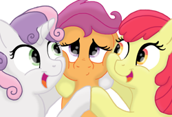 Size: 1280x869 | Tagged: safe, artist:doodledonutart, artist:pony-thunder, imported from derpibooru, apple bloom, scootaloo, sweetie belle, pony, cheek squish, cutie mark crusaders, female, filly, hoofbump, hug, missing accessory, scootalove, simple background, squishy cheeks, transparent background