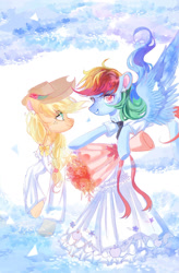 Size: 750x1143 | Tagged: artist needed, source needed, safe, artist:ligerego, imported from derpibooru, applejack, rainbow dash, earth pony, pegasus, pony, appledash, clothes, dress, female, lesbian, shipping, wedding dress