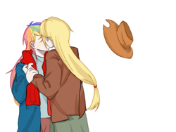 Size: 750x563 | Tagged: artist needed, source needed, safe, artist:季泱泱, imported from derpibooru, applejack, rainbow dash, equestria girls, appledash, applejack's hat, cowboy hat, eyes closed, female, hat, human coloration, kissing, lesbian, shipping, simple background, white background