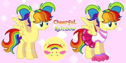 Size: 3690x1848 | Tagged: safe, artist:einar cor, imported from derpibooru, oc, oc:cheerful rainbow, pegasus, pony, bangs, blue eyes, character design, cheerleader, cheerleader outfit, clothes, cutie mark, freckles, multicolored hair, pigtails, pom pom, rainbow hair, skirt, yellow coat