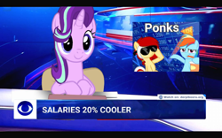 Size: 1084x677 | Tagged: safe, edit, edited screencap, imported from derpibooru, screencap, rainbow dash, starlight glimmer, oc, earth pony, pegasus, pony, unicorn, series:equestrian propaganda of success, chair, female, mare, meme, news, poland, ponified meme, propaganda parody, sitting, stonks, sunglasses, tvp