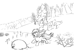 Size: 1207x836 | Tagged: safe, artist:anonymous, imported from derpibooru, oc, oc only, oc:pine ponder, pony, seal, chase, crying, female, mare, monochrome, pinecone, pone, running, snow, snow mare, snowpony (species), stealing, taiga pony, thief, tree, yakutian horse