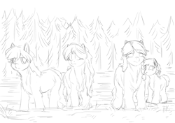 Size: 2508x1764 | Tagged: safe, artist:snspony, imported from derpibooru, imported from ponybooru, oc, oc only, pony, /mlp/, black and white, braid, chest fluff, ear fluff, ears, female, filly, fluffy, foal, forest, grayscale, looking at you, mare, monochrome, sketch, smiling, snow, snow mare, snowpony (species), taiga pony, yakutian horse