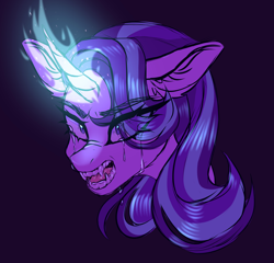 Size: 2862x2742 | Tagged: safe, artist:gunya, imported from derpibooru, starlight glimmer, pony, vampire, aggression, bust, crying, curved horn, eyebrows, eyebrows visible through hair, fangs, grin, high res, horn, magic, portrait, sketch, smiling, solo, teeth