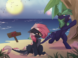 Size: 4160x3120 | Tagged: safe, artist:beardie, imported from derpibooru, oc, oc only, oc:middy, bird, original species, pony, shark, shark pony, beach, bipedal, chest fluff, eyebrows, eyebrows visible through hair, floppy ears, frown, fuck the police, glare, island, ocean, open mouth, palm tree, raised eyebrow, sitting, sun, tree, unamused, underhoof, wide eyes