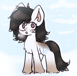 Size: 1032x1027 | Tagged: safe, artist:ube, artist:ubebreb, imported from derpibooru, oc, oc only, earth pony, pony, background, breath, chest fluff, cold, day, ear fluff, eyebrows, eyebrows visible through hair, female, fluffy, looking at you, mare, open mouth, open smile, outdoors, sky, smiling, smiling at you, snow, snow mare, snowfall, snowpony (species), solo, taiga pony, unshorn fetlocks, yakutian horse