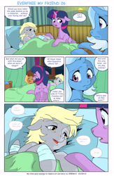 Size: 5901x9026 | Tagged: safe, artist:jeremy3, imported from derpibooru, derpy hooves, trixie, twilight sparkle, oc, alicorn, pony, unicorn, comic:everfree, comic:everfree my friend, bandage, bed, comic, floppy ears, hospital bed, open mouth, speech bubble, twilight sparkle (alicorn)