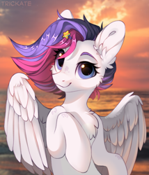 Size: 1500x1755 | Tagged: safe, artist:trickate, imported from derpibooru, oc, oc only, oc:doozoo, pegasus, pony, chest fluff, female, mare, ocean, sunset