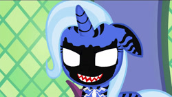 Size: 1280x720 | Tagged: safe, artist:14oliverhedgehog, edit, edited screencap, imported from derpibooru, screencap, trixie, pony, unicorn, all bottled up, blank eyes, marvel, parasite, sharp teeth, symbiote, teeth, venom