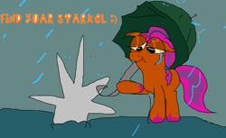 Size: 2195x1339 | Tagged: safe, artist:imiya, imported from derpibooru, sunny starscout, earth pony, pony, female, g5, gravestone, hoof hold, implied argyle starshine, implied death, intentional spelling error, mare, misspelling, rain, text, toy, umbrella