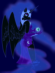 Size: 900x1200 | Tagged: safe, artist:leetah43, imported from derpibooru, nightmare moon, anthro, clothes, gloves, holding, looking at you, looking back, moon, tangible heavenly object