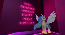 Size: 1280x694 | Tagged: safe, artist:syah, imported from derpibooru, princess celestia, 3d, 3d model, feminism, slogan