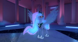 Size: 1280x694 | Tagged: safe, artist:syah, imported from derpibooru, princess luna, alicorn, pony, 3d, 3d model, crown, eyelashes, hoof shoes, jewelry, palindrome get, peytral, red eyes, regalia, smiling, solo, spread wings, wings