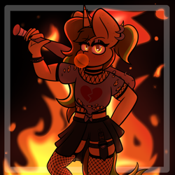 Size: 5000x5000 | Tagged: safe, artist:theawkwarddork, imported from derpibooru, oc, oc only, oc:awkward dork, anthro, pony, unicorn, baseball bat, bubblegum, femboy, fire, fishnets, food, glowing eyes, gum, knife, makeup, male, solo, zombie apocalypse