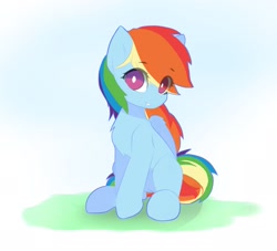 Size: 2463x2240 | Tagged: safe, artist:jfrxd, imported from derpibooru, rainbow dash, pegasus, pony, chest fluff, cute, dashabetes, eye clipping through hair, eyebrows, eyebrows visible through hair, female, gradient background, grin, high res, looking at you, mare, sitting, smiling, solo, white pupils, wing fluff