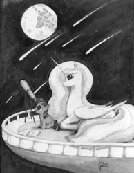 Size: 1024x1318 | Tagged: safe, artist:princeofchaoc, imported from derpibooru, princess celestia, twilight sparkle, alicorn, pony, unicorn, female, mare, mare in the moon, monochrome, moon, pencil drawing, shooting star, telescope, traditional art