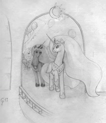 Size: 1024x1189 | Tagged: safe, artist:princeofchaoc, imported from derpibooru, princess celestia, princess luna, alicorn, pony, duo, female, jewelry, mare, monochrome, pencil drawing, regalia, royal sisters, siblings, sisters, traditional art