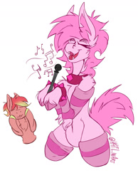 Size: 1400x1800 | Tagged: safe, artist:hyflin, imported from derpibooru, oc, oc only, oc:alxtrak, oc:orichalcum evergreen, earth pony, pony, clothes, cuffs, male, microphone, nudity, singing, socks, tail, unshorn fetlocks